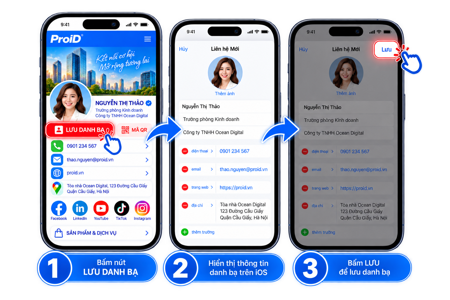 Thẻ Pro ID chạm NFC hoặc quét mã QR để mở hồ sơ, lưu danh bạ và xem các kênh liên hệ