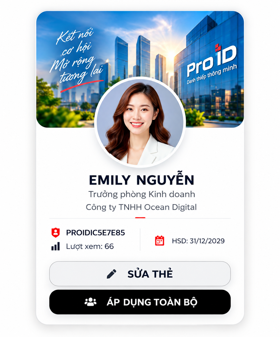 Màn hình hồ sơ danh thiếp điện tử Pro ID với ảnh đại diện và các nút sửa thẻ, áp dụng toàn bộ