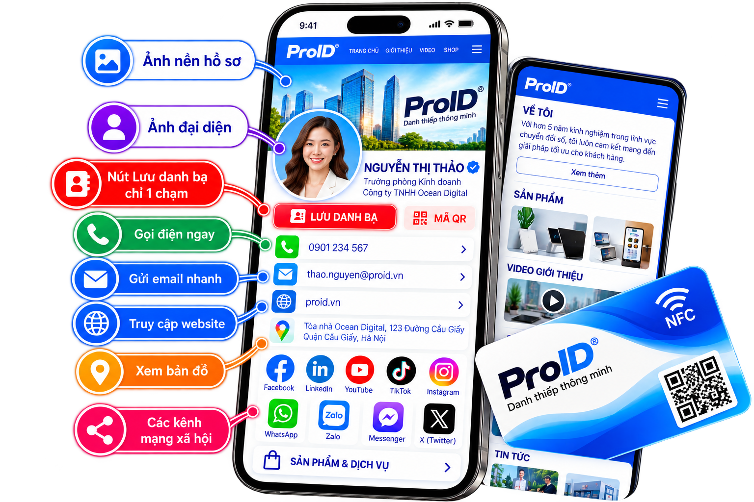 Hồ sơ Pro ID hiển thị ảnh, nút lưu danh bạ, gọi điện, email, website, bản đồ và mạng xã hội